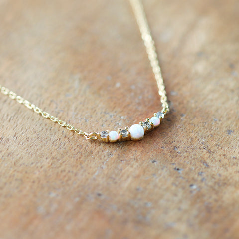 Opal & Cubic Crescent Necklace - Gold