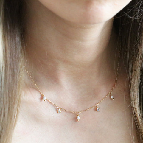 Pearl & Cubic Dangle Necklace - Gold