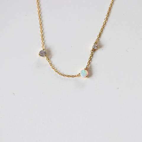 Opal & Cubic 3 Pendant Necklace - Gold