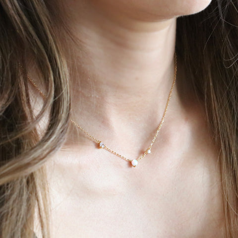Opal & Cubic 3 Pendant Necklace - Gold