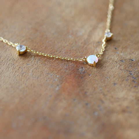 Opal & Cubic 3 Pendant Necklace - Gold