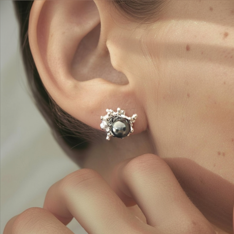 Silver Bubble Pearl Stud Earrings