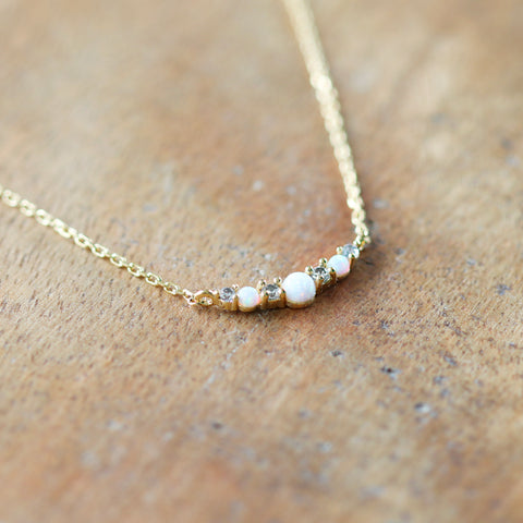 Opal & Cubic Crescent Necklace -  Gold