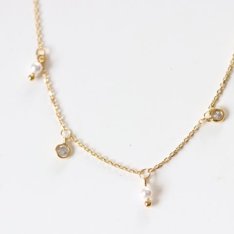 Pearl & Cubic Dangle  Necklace - Gold