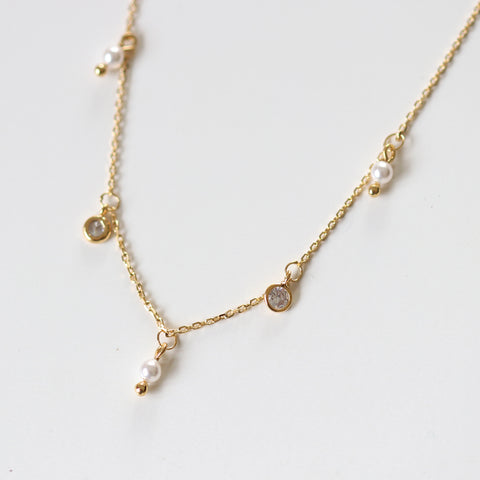 Pearl & Cubic Dangle  Necklace - Gold