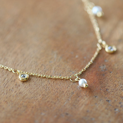 Pearl & Cubic Dangle  Necklace - Gold