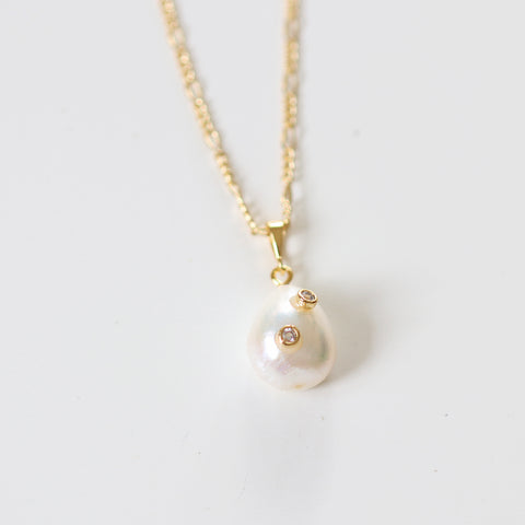 Pearl & Cubic Organic Necklace - Gold ( White CZ)