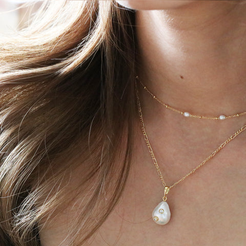 Pearl & Cubic Organic Necklace - Gold ( White CZ)