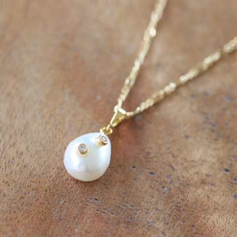 Pearl & Cubic Organic Necklace - Gold ( White CZ)