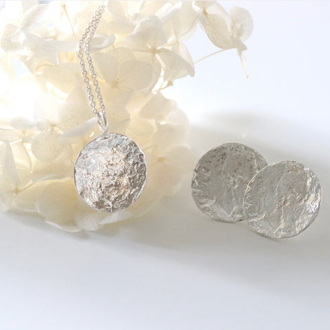 Textured Round Stud Silver Moon Earrings