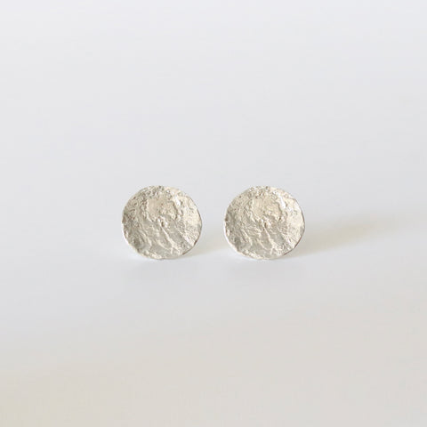 Textured Round Stud Silver Moon Earrings