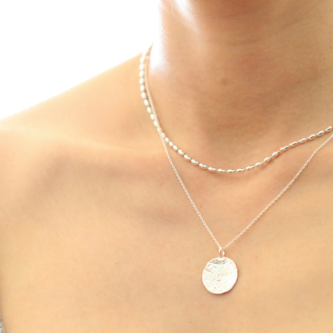 Textured Round Silver Moon Necklace