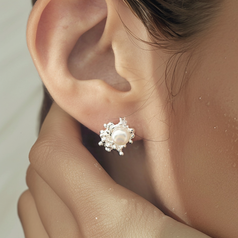 Silver Bubble Pearl Stud Earrings